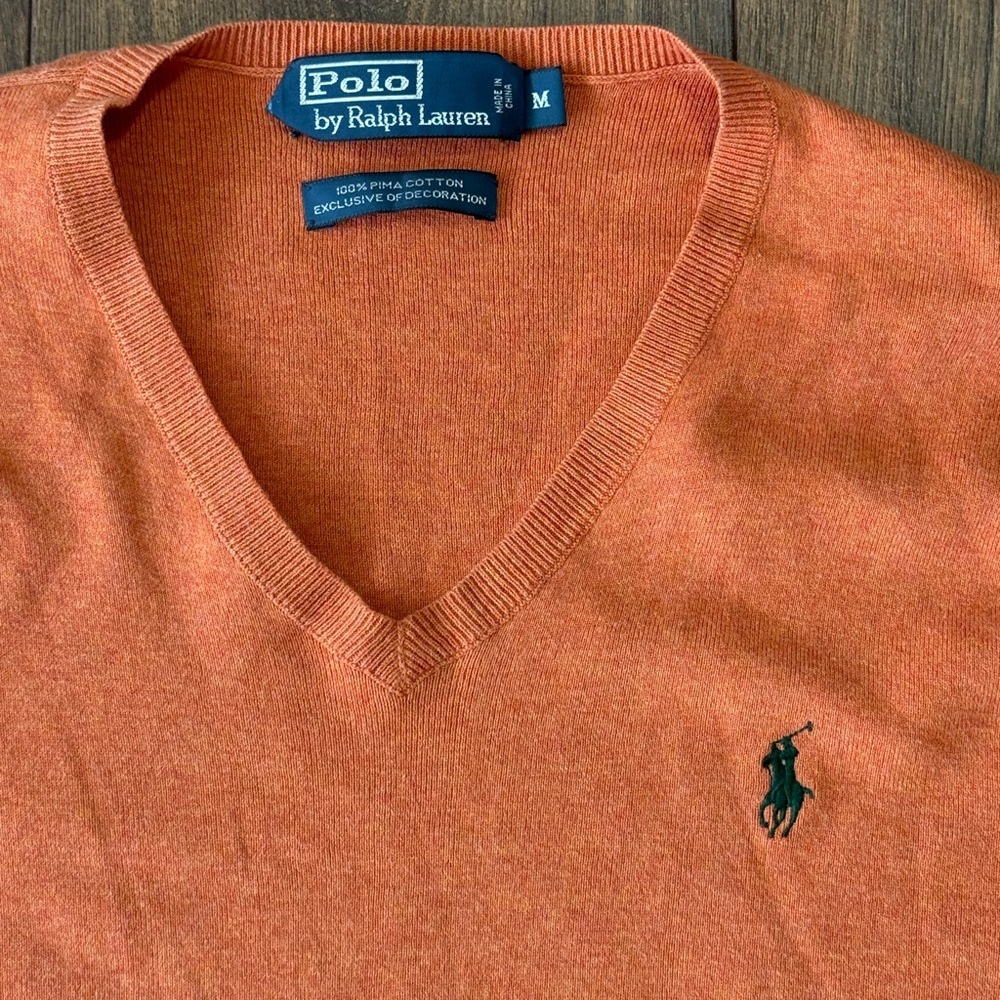 Polo Ralph Lauren Men's V Neck Sweater 100% Pima Cotton Orange W/ Green Pony M - Picture 3 of 6